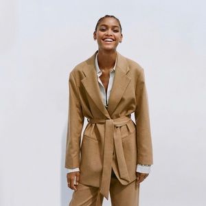 Mango Camel Belted Wool-Blend Blazer